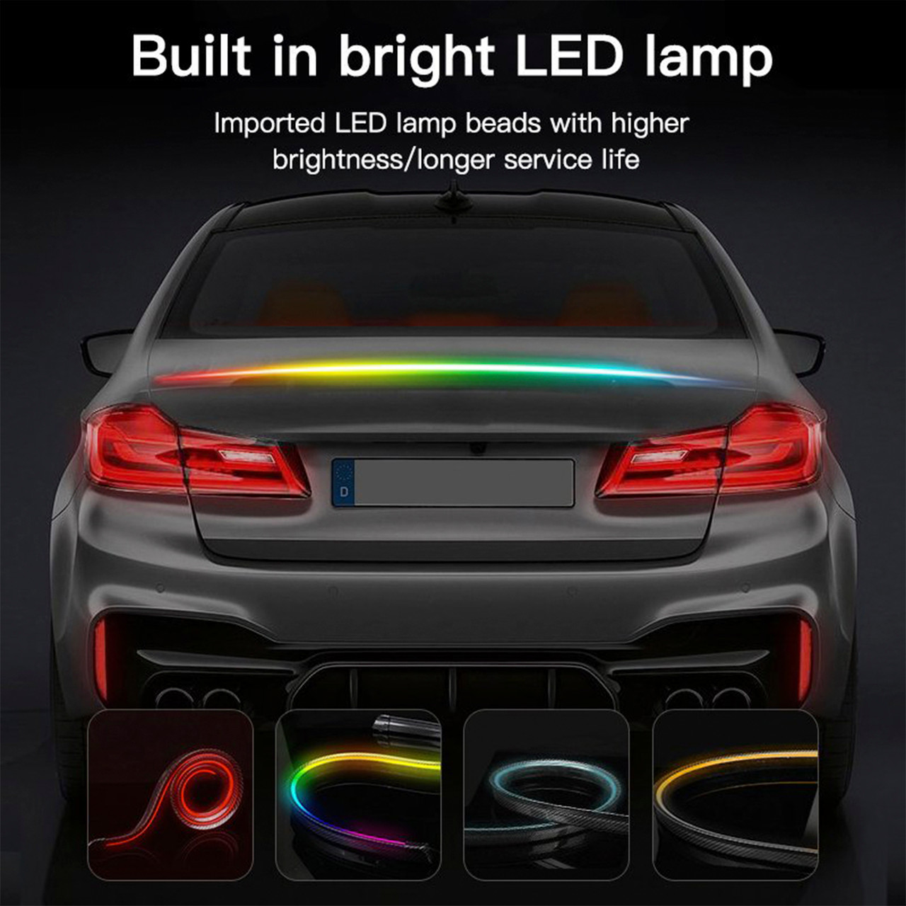 Car Tail Streamer Lamp Carbon Fiber LED Light Rear Wing Spoiler Lip Brake Trunk Multicolour 1.3M
