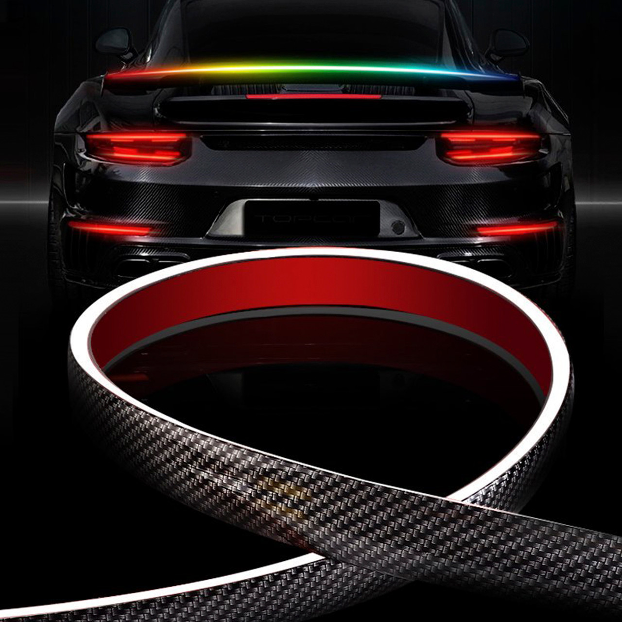 Car Tail Streamer Lamp Carbon Fiber LED Light Rear Wing Spoiler Lip Brake Trunk Multicolour 1.3M