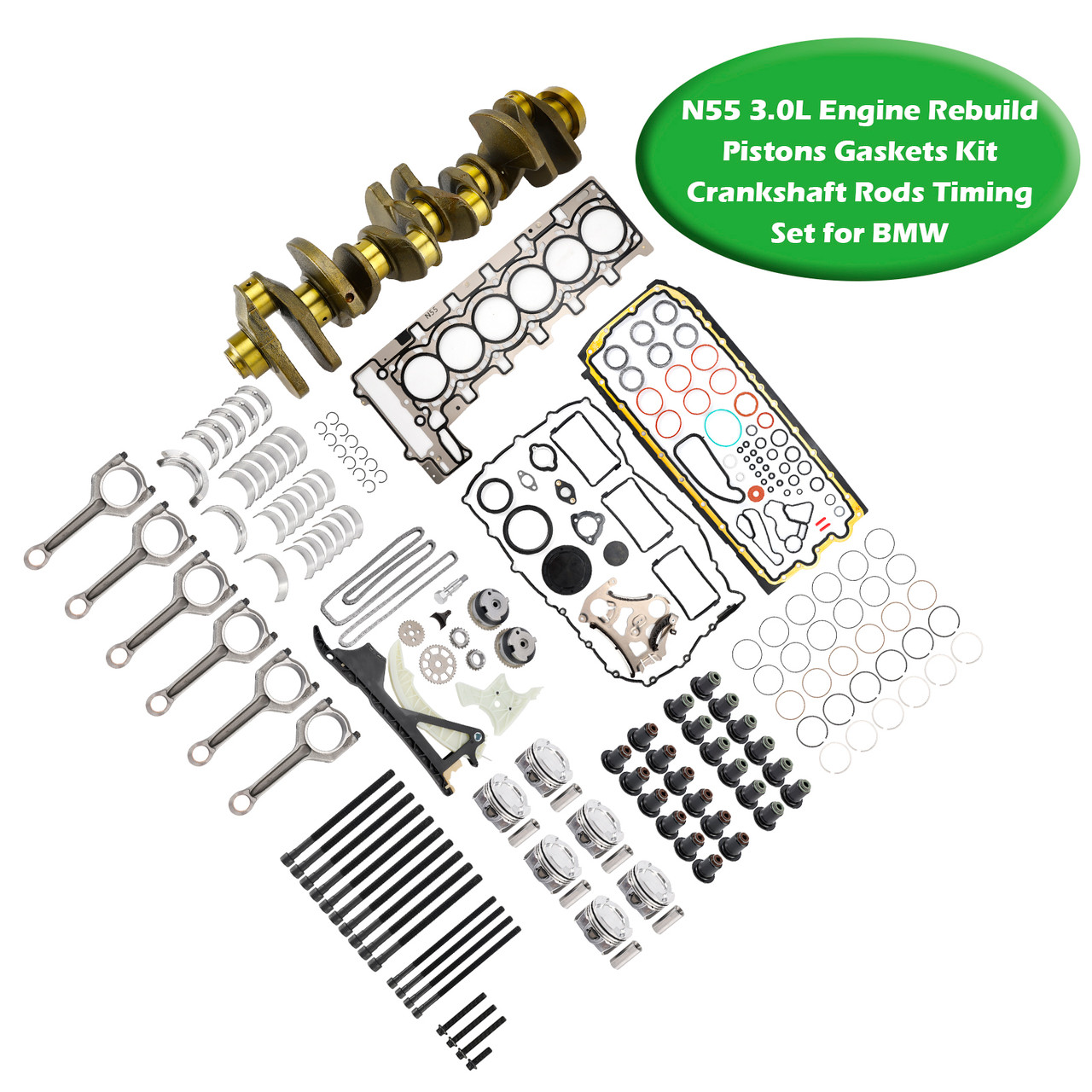 2009-2019 BMW 3.0L Engine Rebuild Pistons Gaskets Kit Crankshaft Rods Timing N55 Generic