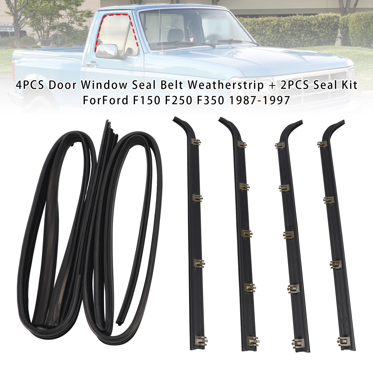 1987-1997 Ford F250 Truck Front 4PCS Door Window Seal Belt Weatherstrip + 2PCS Seal Kit Generic
