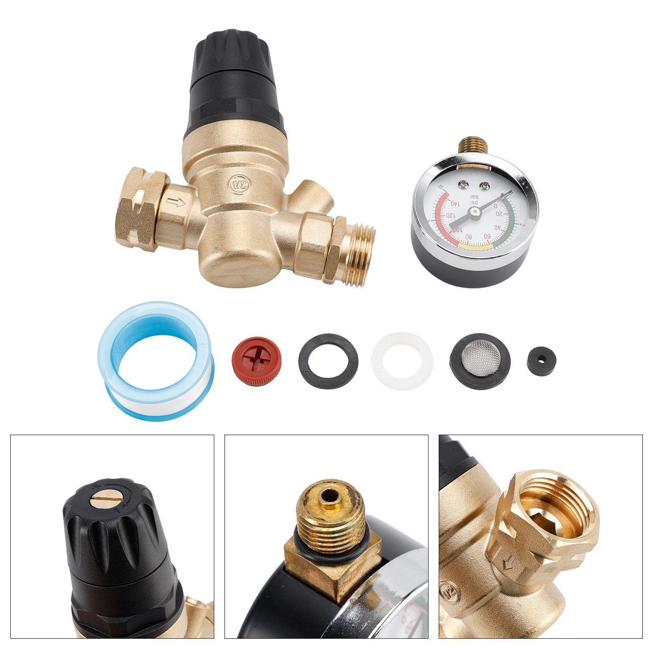 RV Water Pressure Regulator For RV Camper. Brass Lead-Free Adjustable Camper Water Pressure Regulator with 0-160 PSI Gauge Reducer Valve W Filter