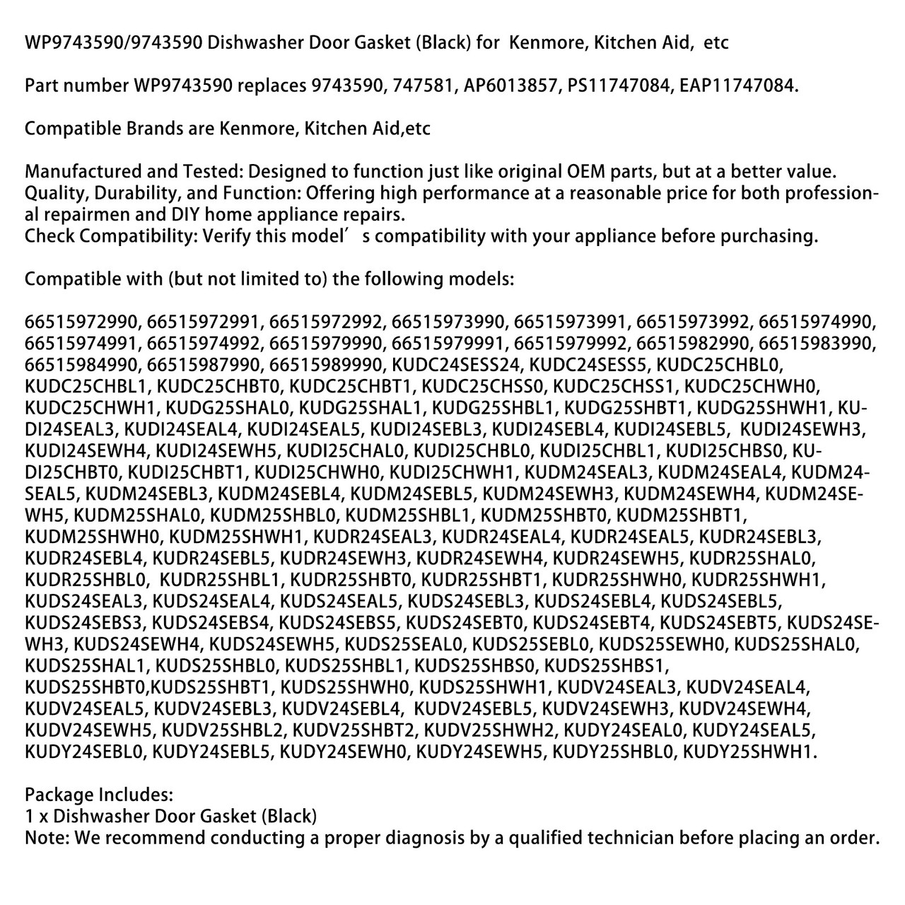 WP9743590/9743590 Dishwasher Door Gasket (Black) for Kenmore KitchenAid etc