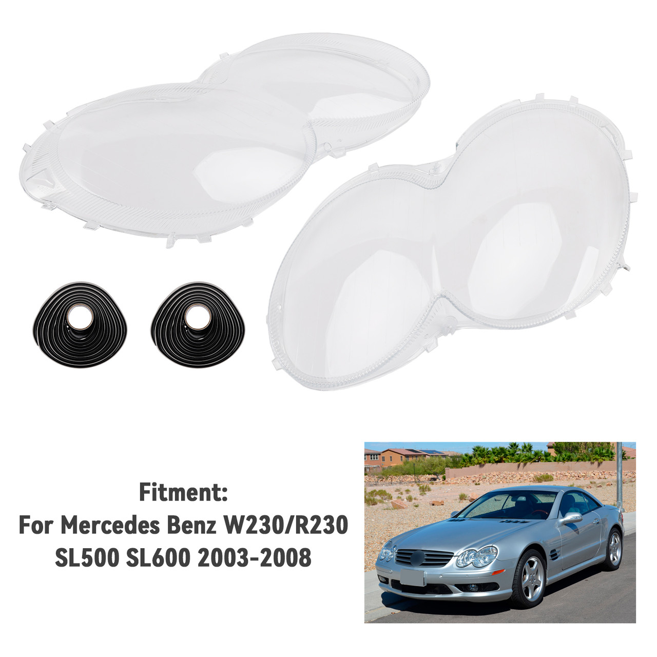 2003-2008 Mercedes Benz W230/R230 SL500 SL600 2Pcs Headlight Shell Lens Cover+Glue Generic