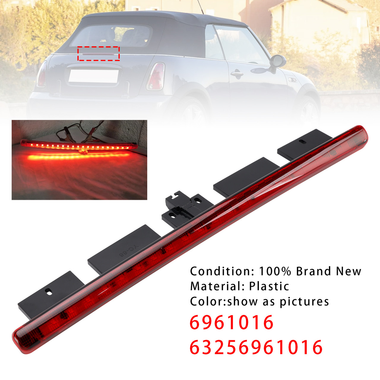 2003-2008 Mini Cooper Convertible£¨R52) Rear Third Brake Light 63256961016 Red Generic