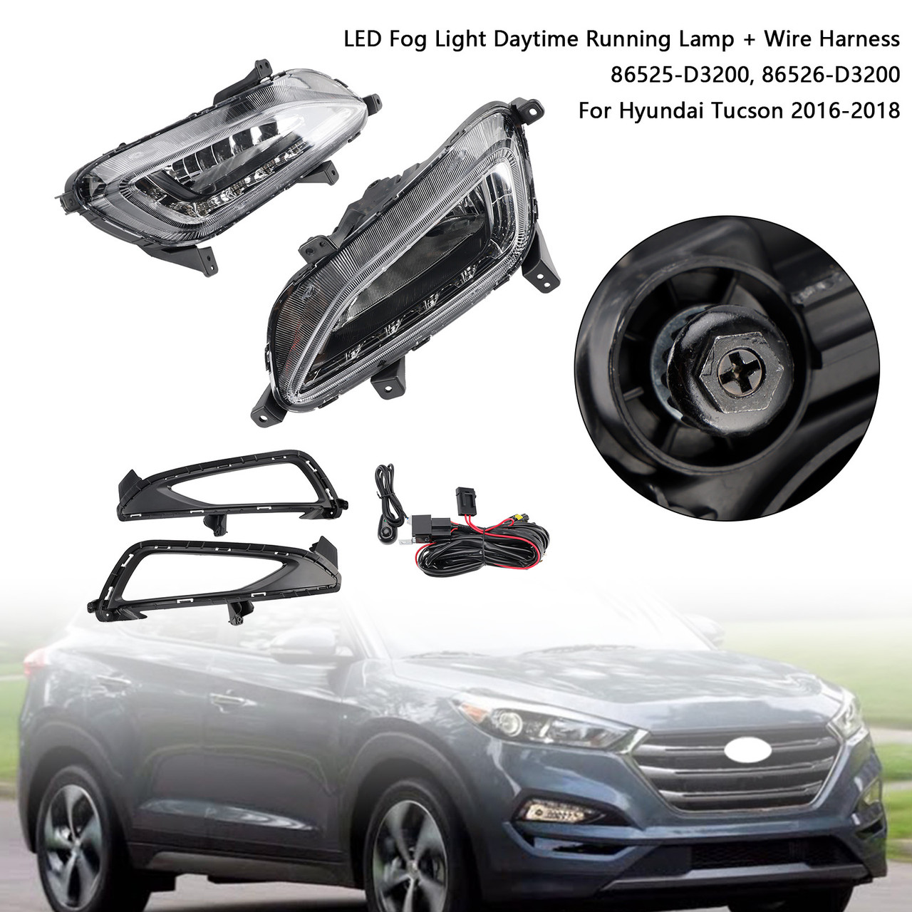 2016-2018 Hyundai Tucson LED Fog Light Daytime Running Lamp+Wire Harness 86525-D3200 Generic