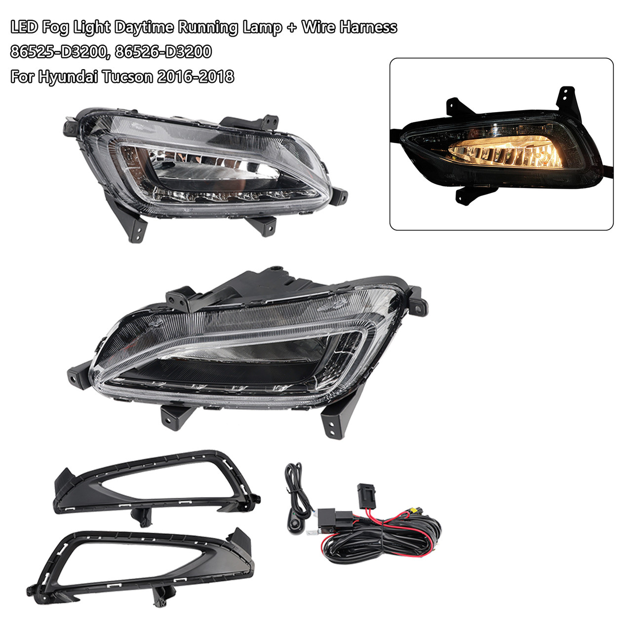 2016-2018 Hyundai Tucson LED Fog Light Daytime Running Lamp+Wire Harness 86525-D3200 Generic