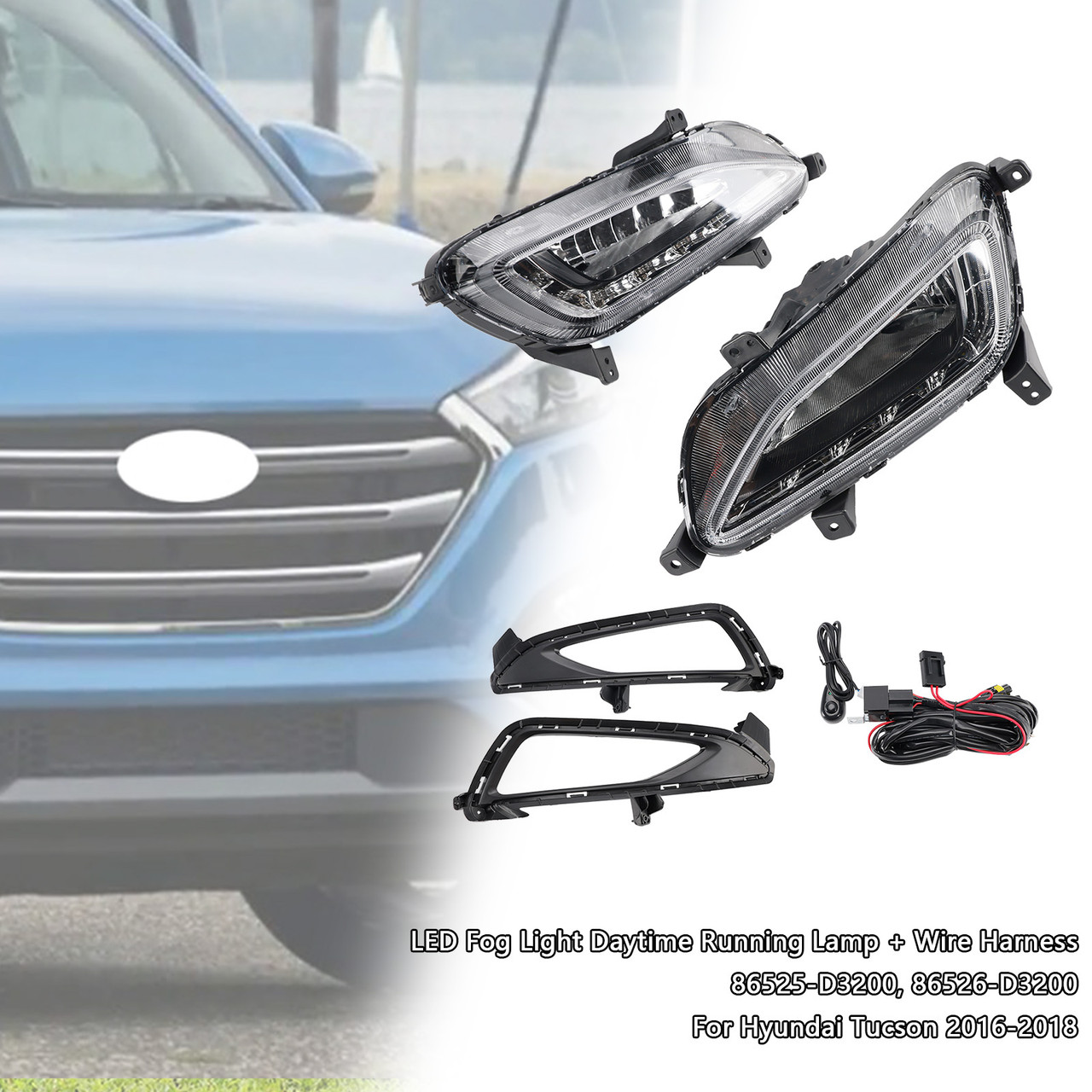 2016-2018 Hyundai Tucson LED Fog Light Daytime Running Lamp+Wire Harness 86525-D3200 Generic