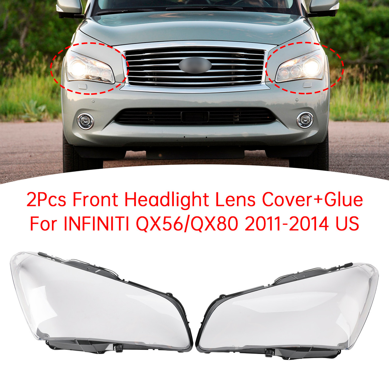 2011-2014 INFINITI QX56/QX80 2Pcs Front Headlight Lens Cover+Glue Clear Generic