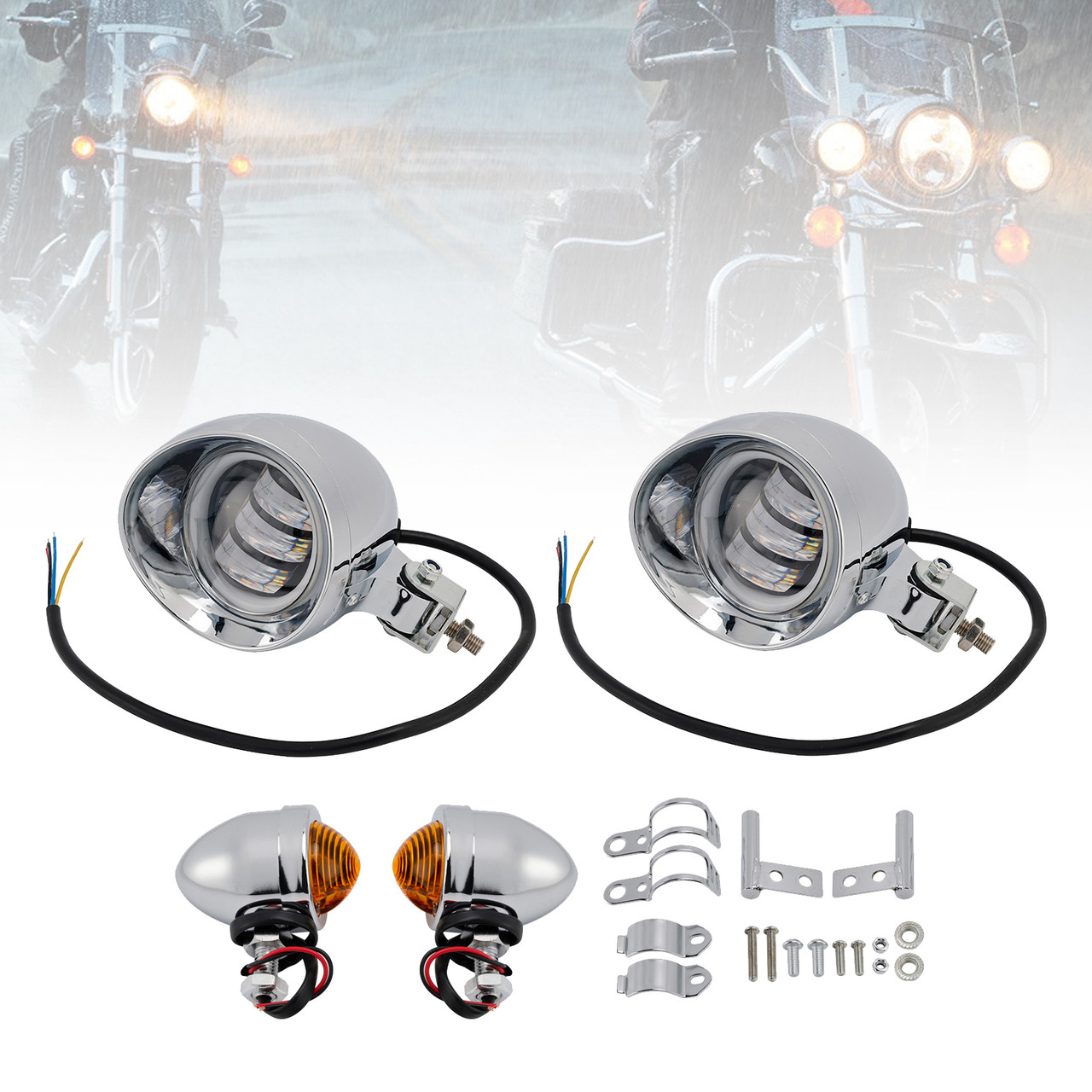Motorcycle Beam Headlight Fog Lamp Custom Chrome #D18 For Racer Bobber Chopper