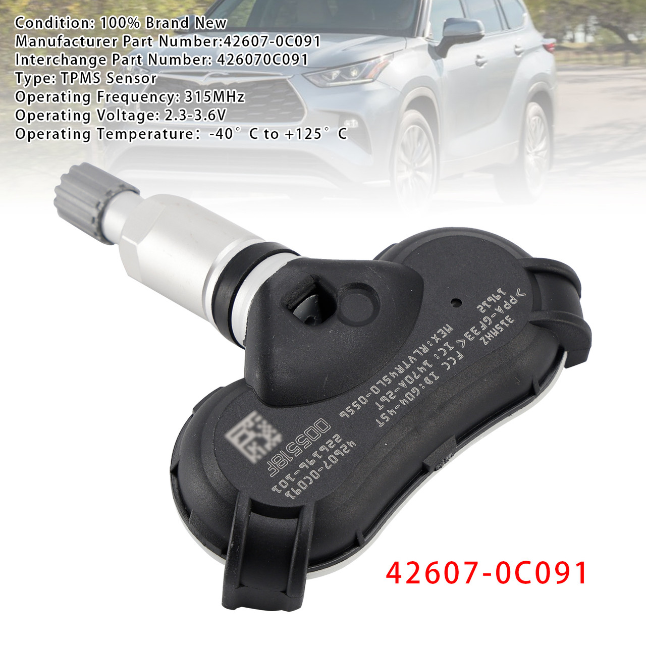 2018-2024 Toyota Highlander RAV4 Sequoia Tundra 1X TPMS Tire Pressure Sensor 426070C091 Generic 2018-2024 Toyota Highlander RAV4 Sequoia Tundra 1X TPMS Tire Pressure Sensor 426070C091 Generic