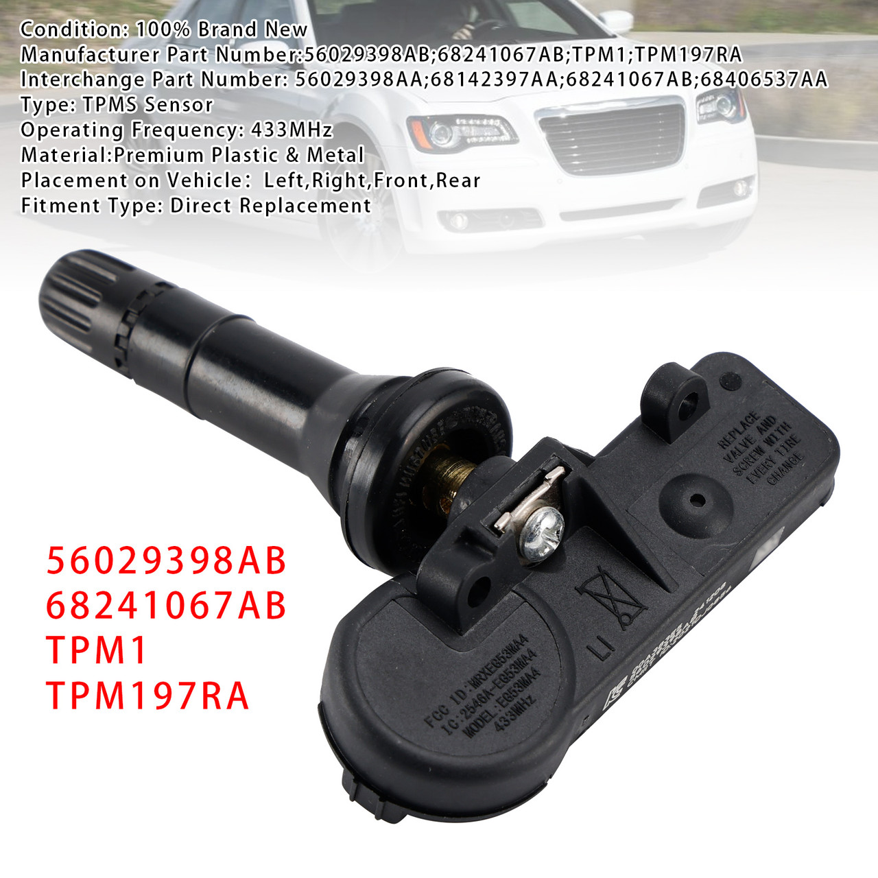 2010-2013 Dodge Ram 4500HD 5500HD Ram Series Pickup 1X TPMS Tire Pressure Sensor 56029398AB Generic 2010-2013 Dodge Ram 4500HD 5500HD Ram Series Pickup 1X TPMS Tire Pressure Sensor 56029398AB Generic