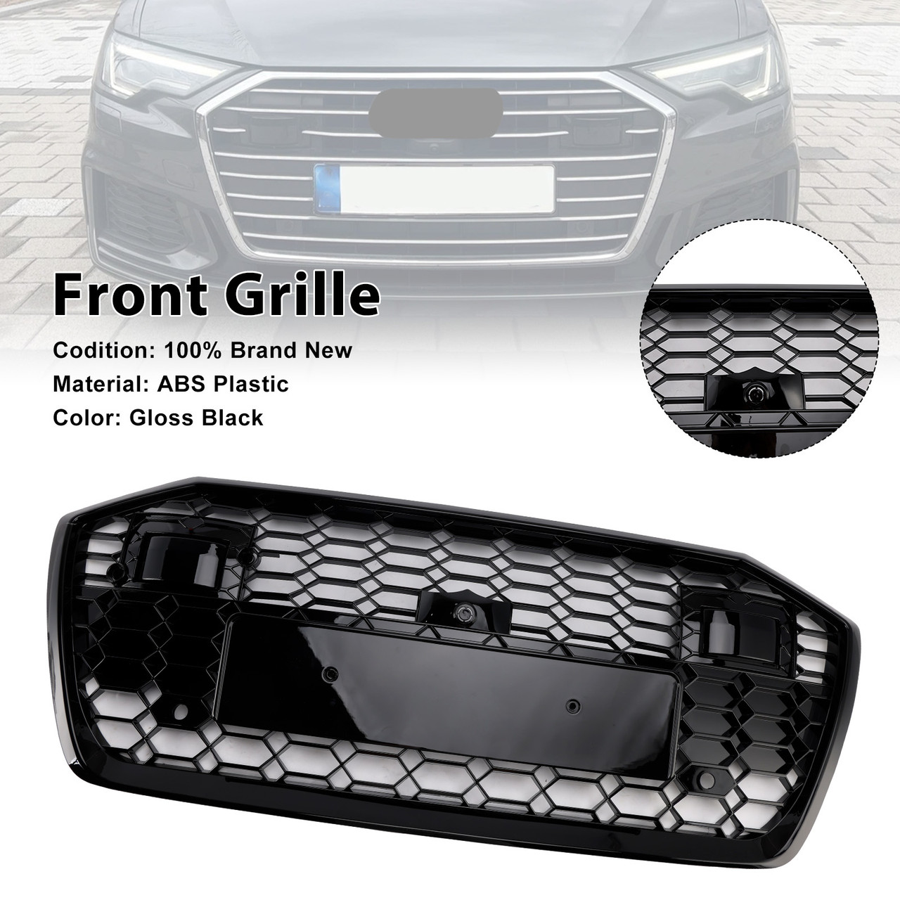 2019-2023 Audi A6 C8/ Sline/ S6 With ACC RS6 Style Honeycomb Mesh Front Grille Gloss Black Generic