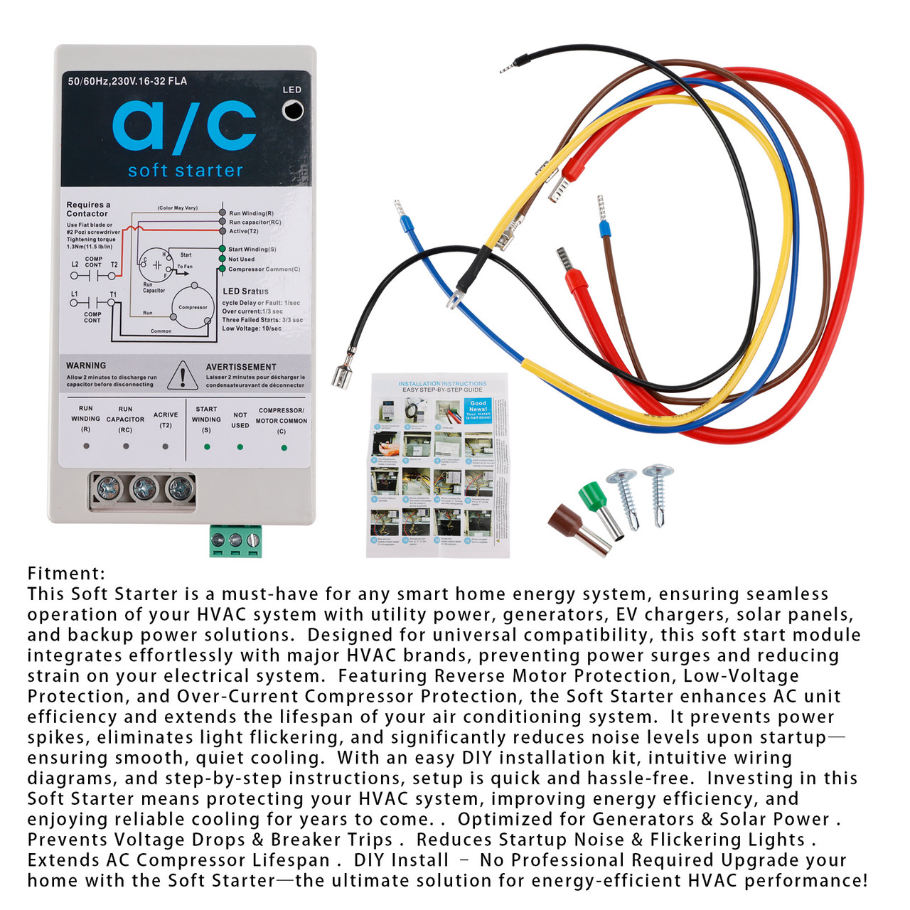 AC Soft Starter Reverse Motor Protection Easy DIY Install kit Fits Inside AC Compact Surge Protector & Motor Saver Ideal For HVAC Generators & Utility Power