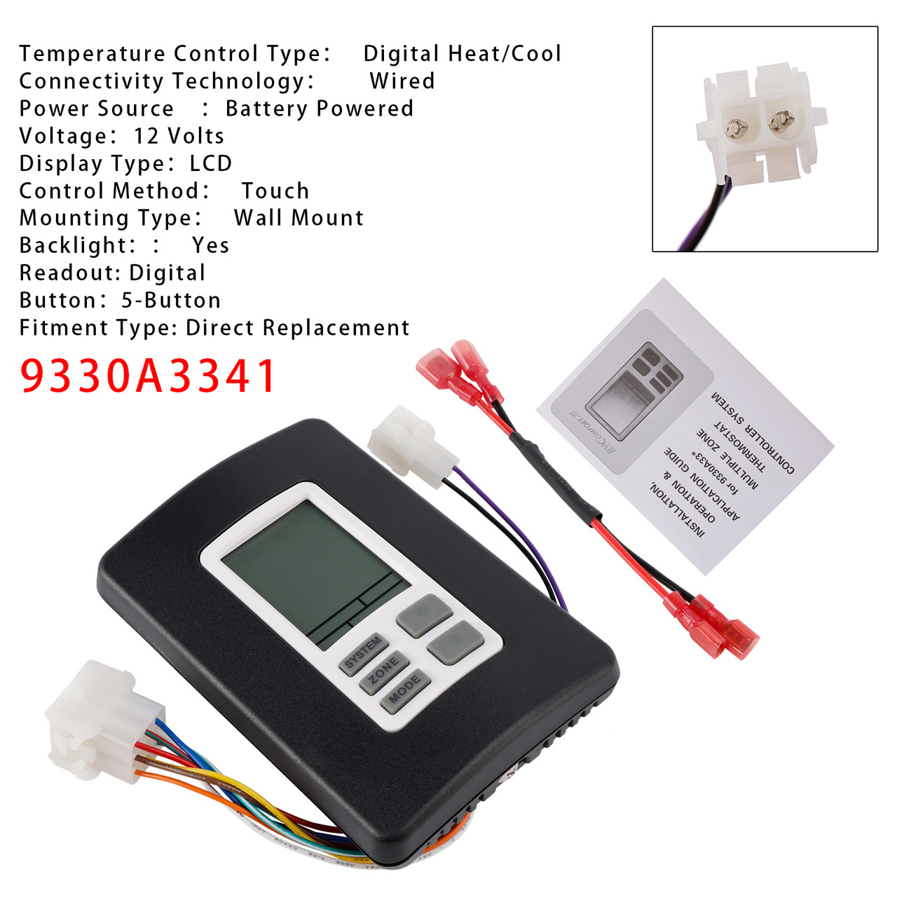 9330A3341 9-Series Digital Zone Thermostat 12V Black