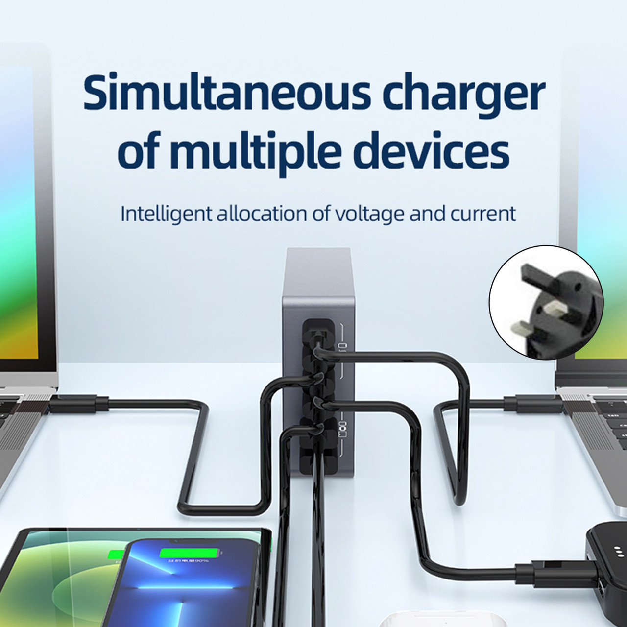 F8A Desktop Charging Station USB 6-Port Fast Charger PD100W Charging Stand Smart Charger UK Plug