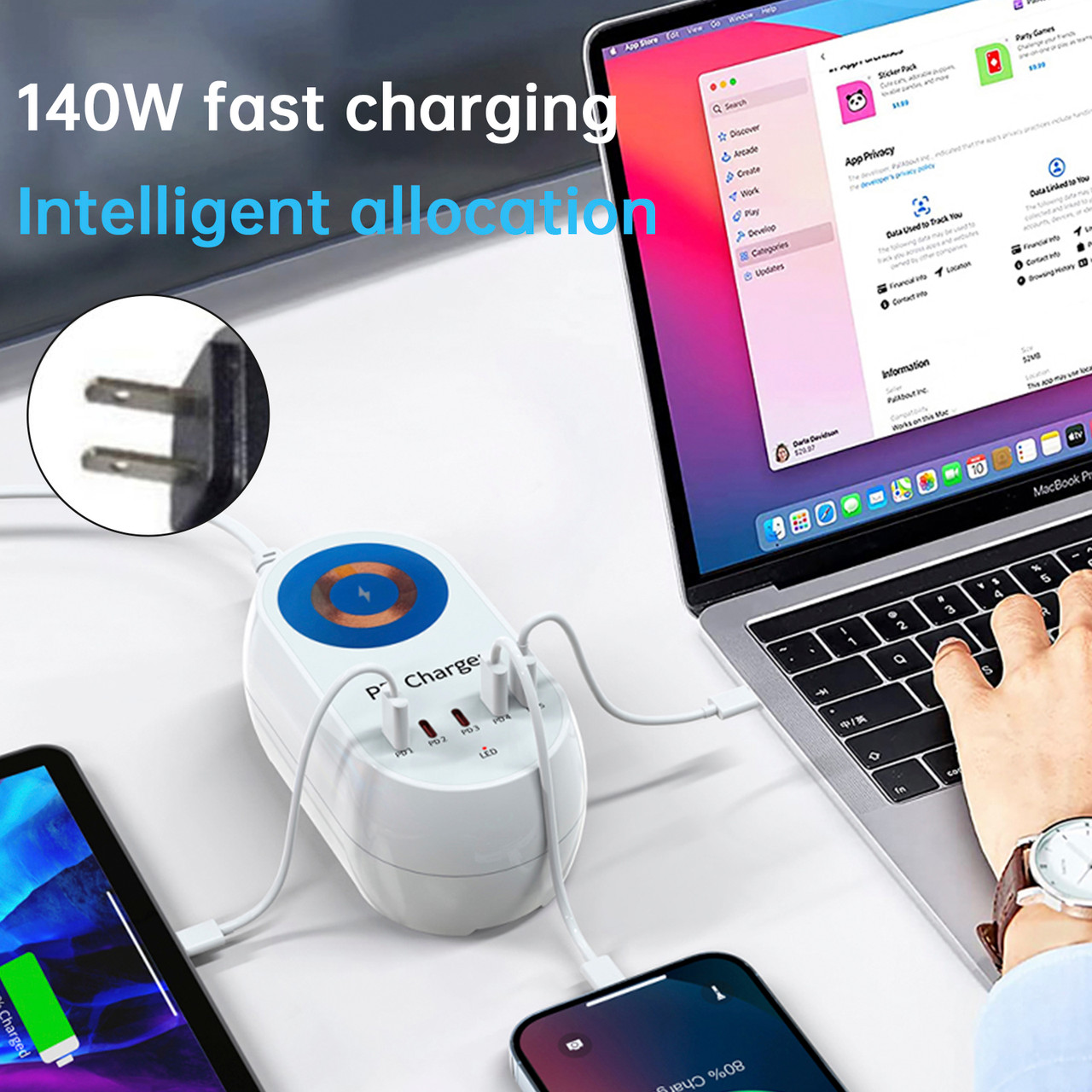 140W PD Multi-Port Charger Magnetic Wireless Fast Charging PD100W Laptop Mobile Phone Charger US Plug