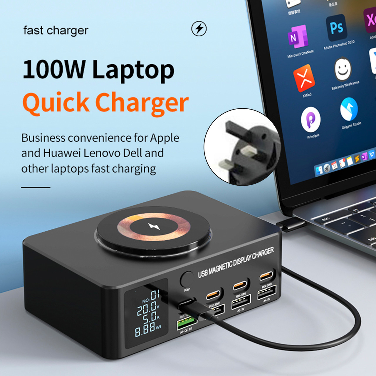 140W Fast Charging Charger Intelligent Digital Display PD100W Mobile Phone Notebook Magnetic Wireless Charging Multi-Port USB Charger UK Plug