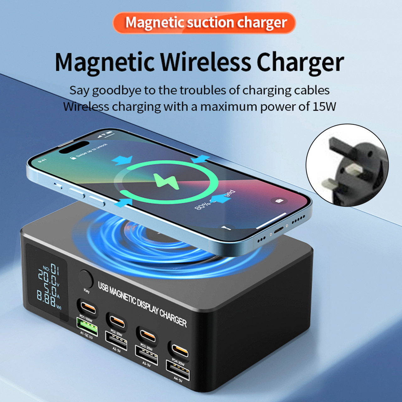 140W Fast Charging Charger Intelligent Digital Display PD100W Mobile Phone Notebook Magnetic Wireless Charging Multi-Port USB Charger UK Plug
