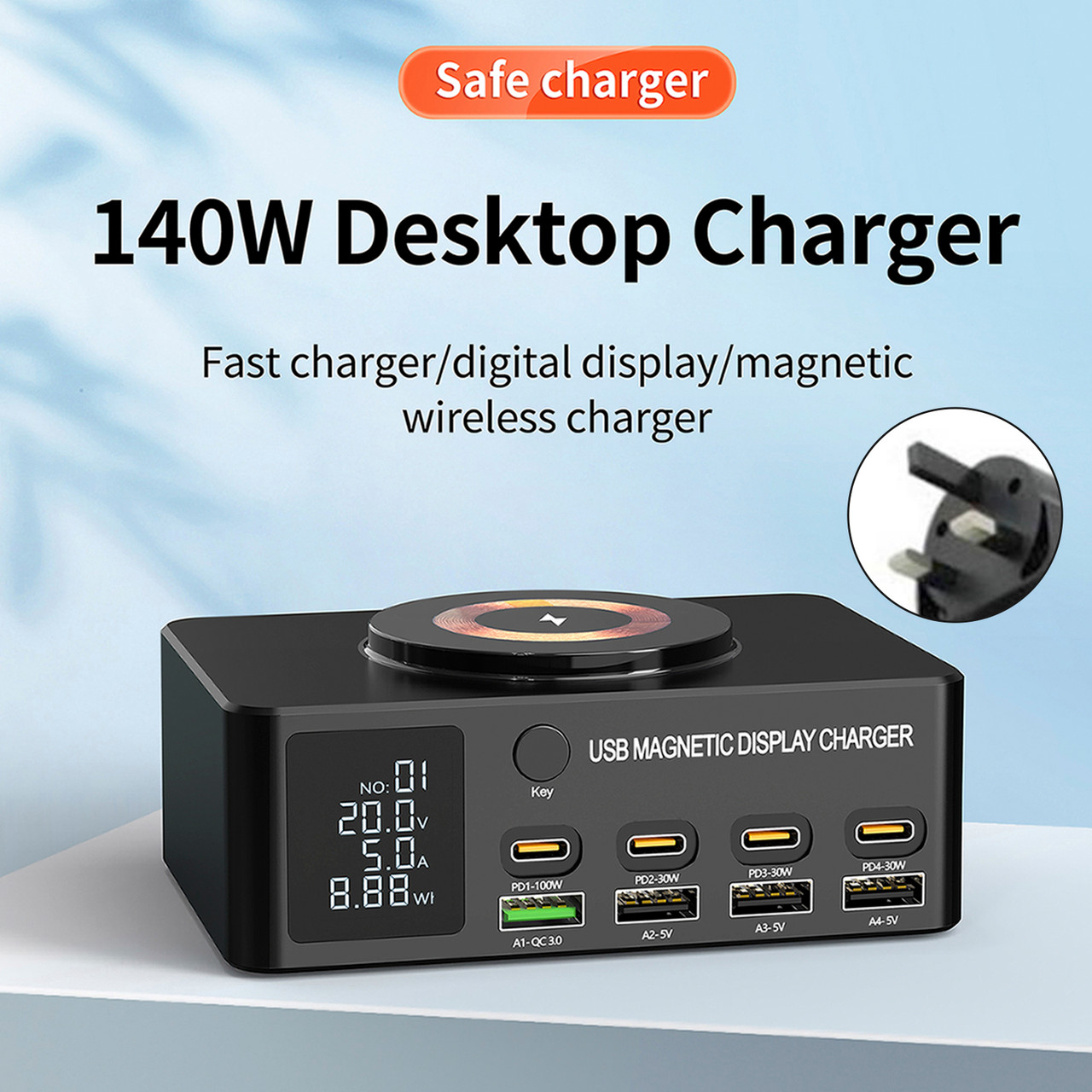 140W Fast Charging Charger Intelligent Digital Display PD100W Mobile Phone Notebook Magnetic Wireless Charging Multi-Port USB Charger UK Plug