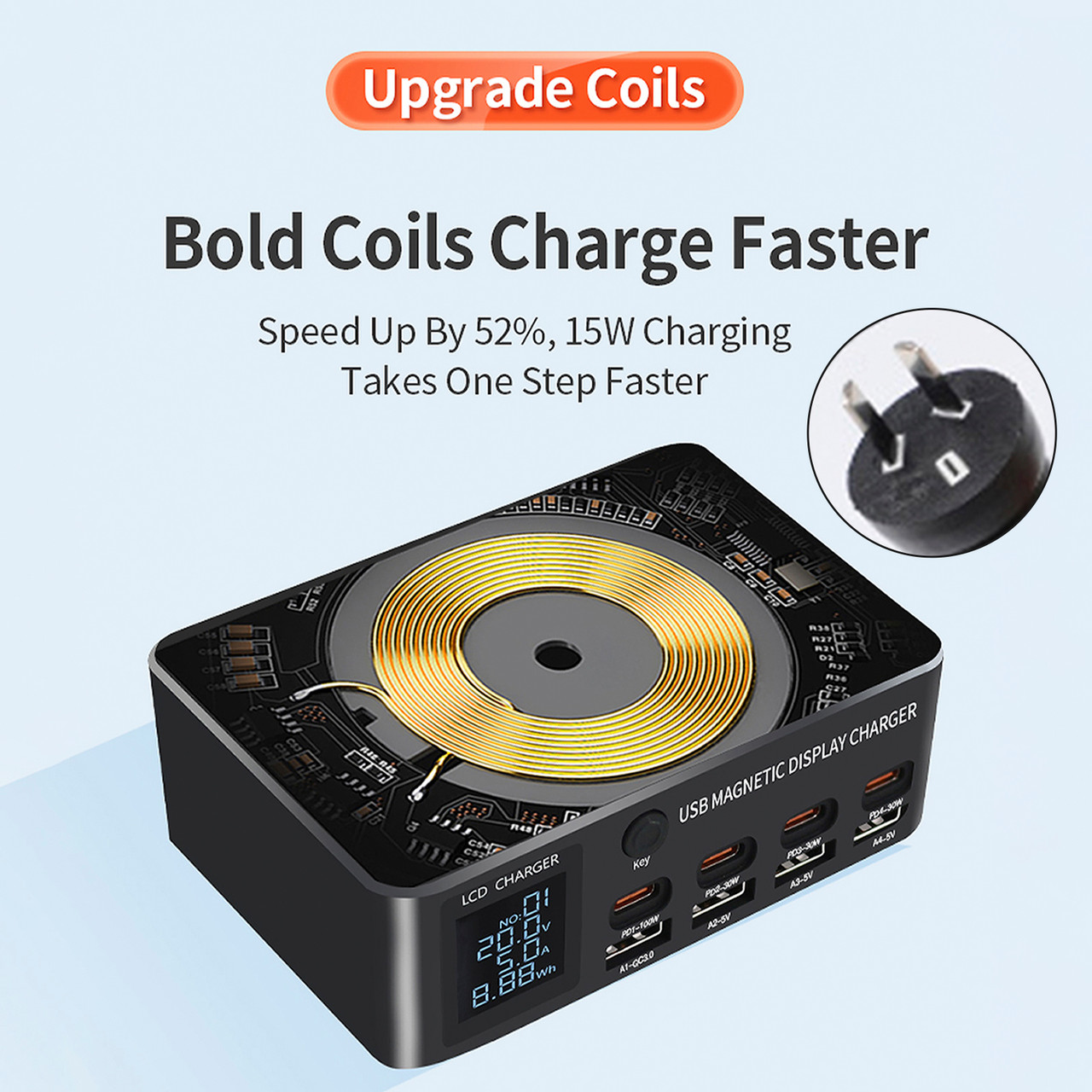 140W Fast Charging Charger Intelligent Digital Display PD100W Mobile Phone Notebook Magnetic Wireless Charging Multi-Port USB Charger AU Plug