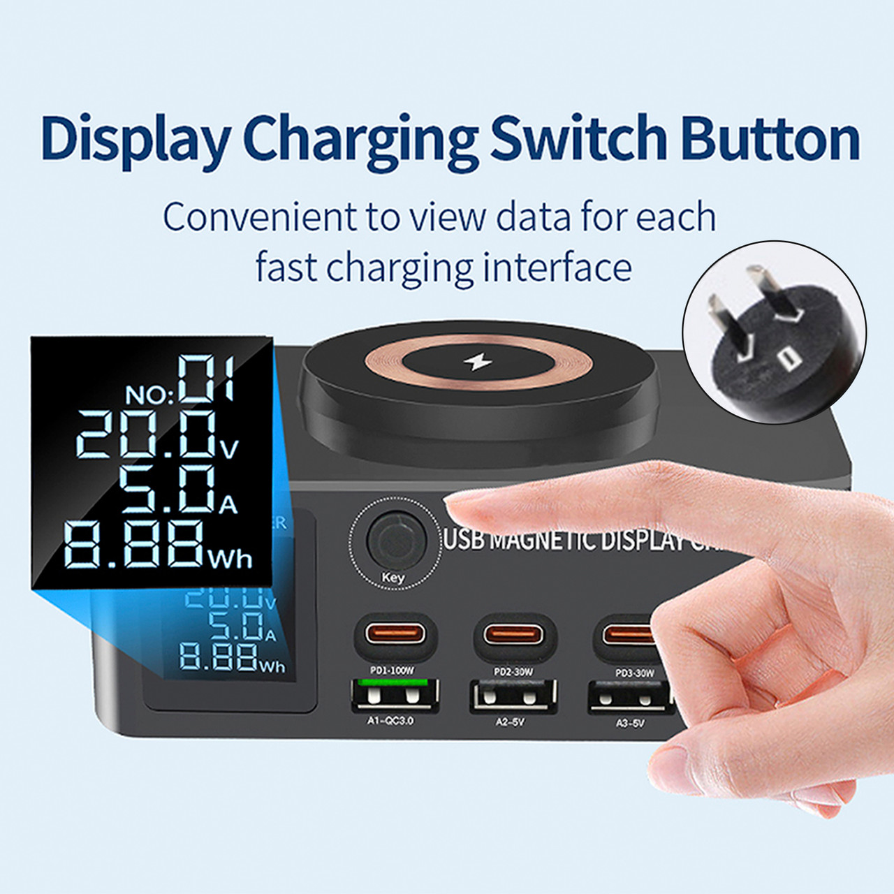 140W Fast Charging Charger Intelligent Digital Display PD100W Mobile Phone Notebook Magnetic Wireless Charging Multi-Port USB Charger AU Plug