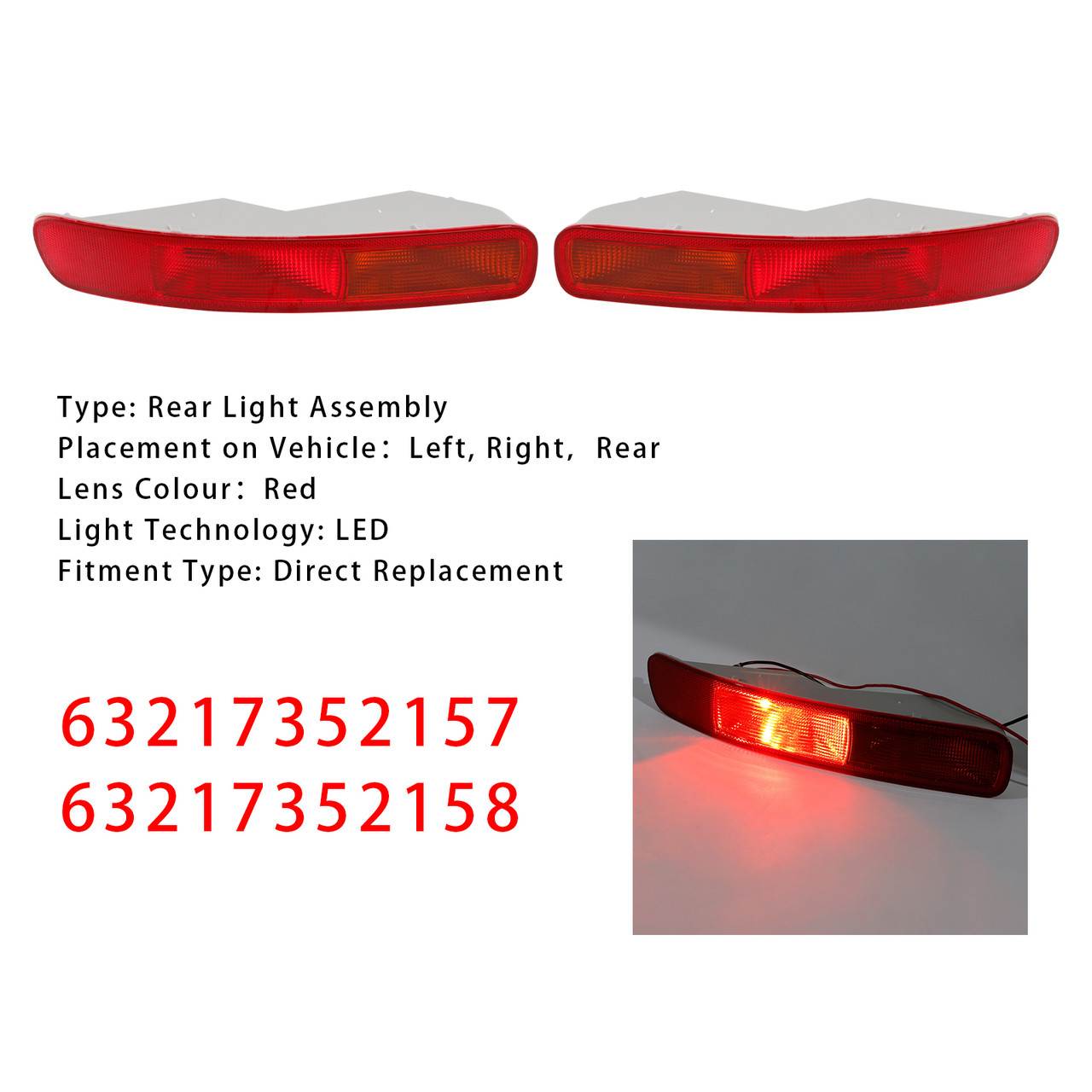 2016-2024 F54 MINI Clubman/ Clubman S Left+Right LED Rear Bumper Light 63217352157 63217352158 Generic