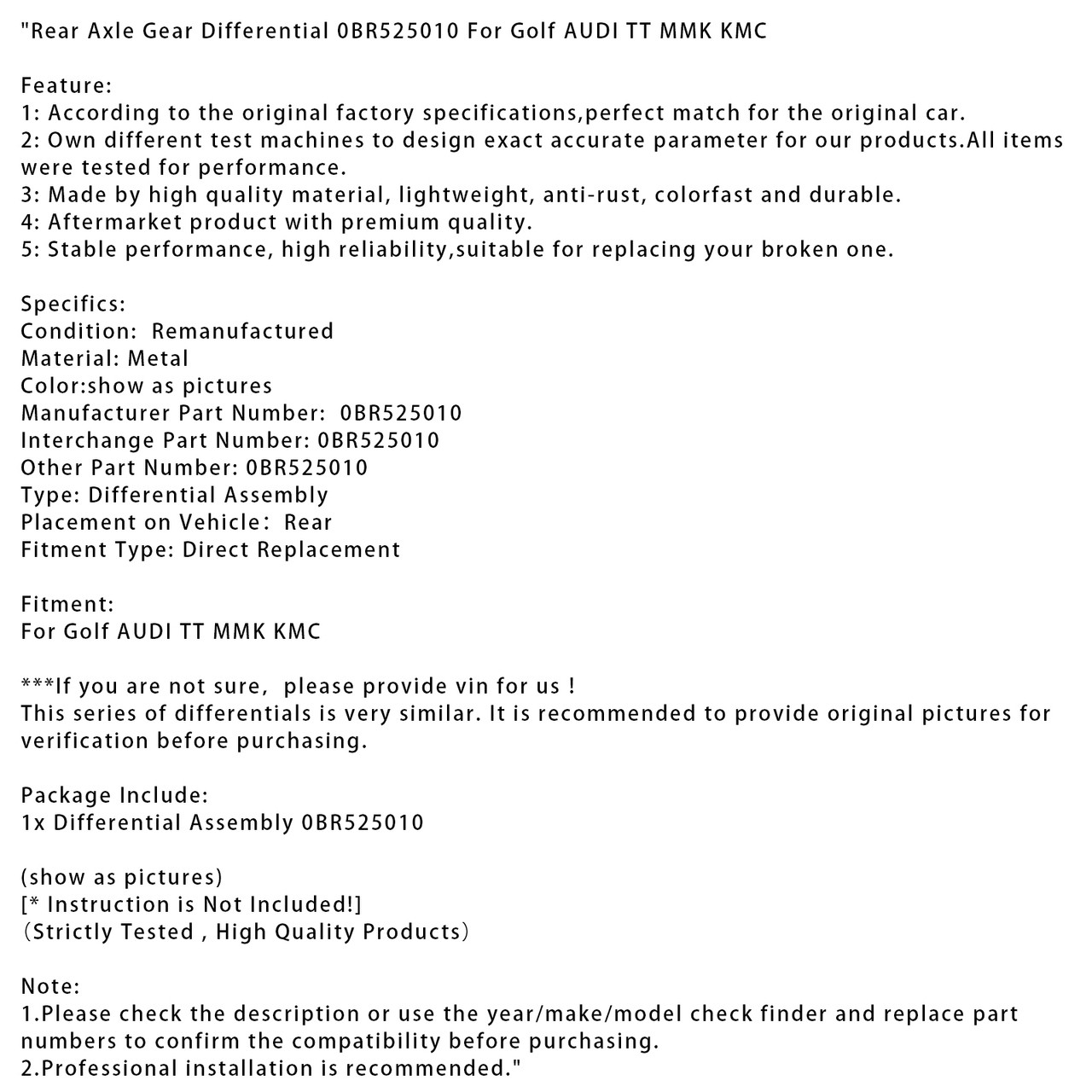Golf AUDI TT MMK KMC Rear Axle Gear Differential 0BR525010 Generic