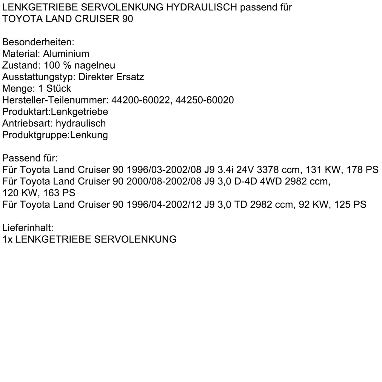 1996-2002 Toyota Land Cruiser 90 Hydraulic Power Steering Gear 44200-60022 Generic