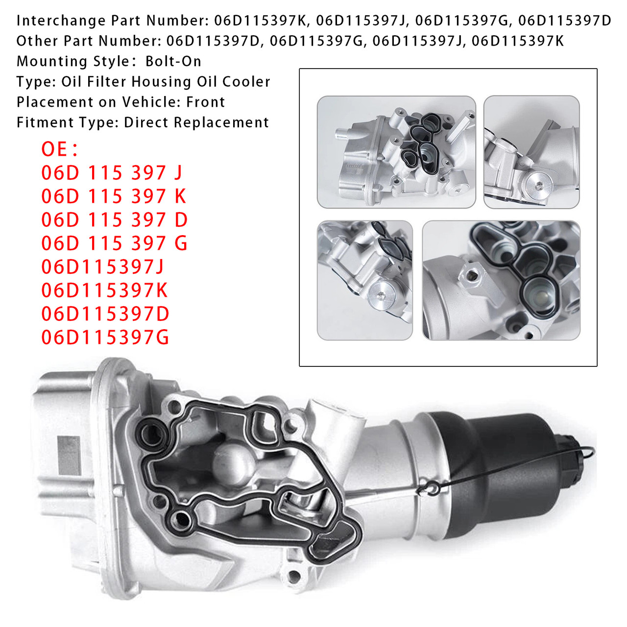 2005-2010 Volkswagen Golf Jetta Engine Oil Cooler Oil Filter Assembly 06D115397K Generic