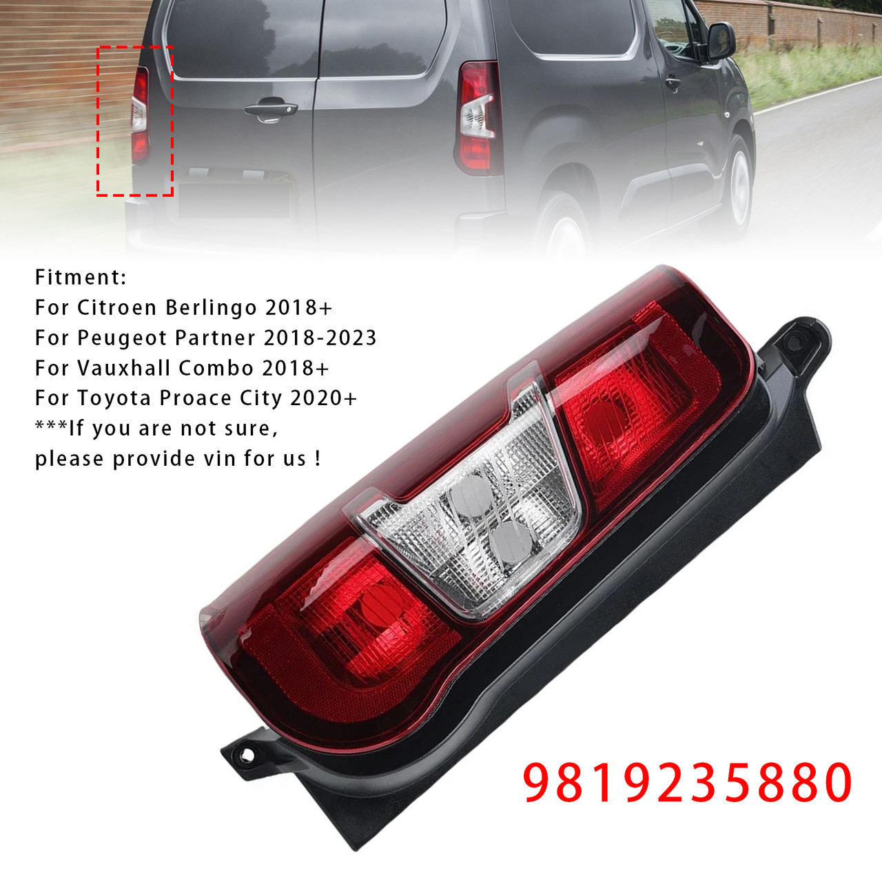 2018+ Vauxhall Combo Left Side Rear Tail Light Back Lamp 9819235880 Generic