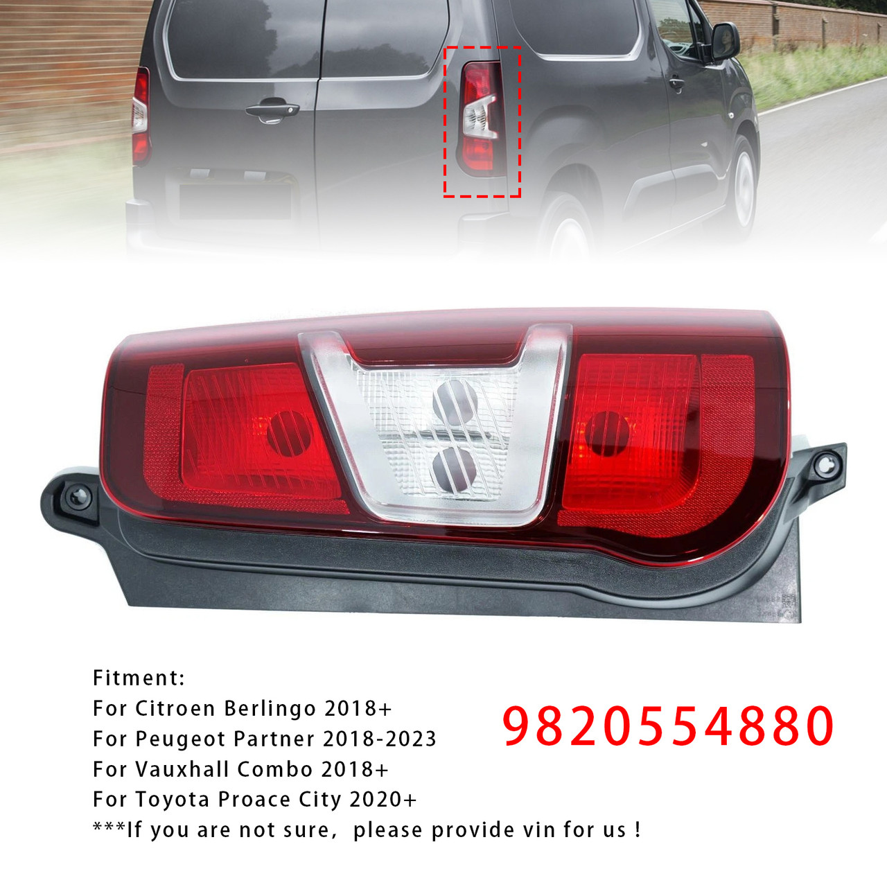 2020+ Toyota Proace City Right Side Rear Tail Light Back Lamp 9820554880 Generic