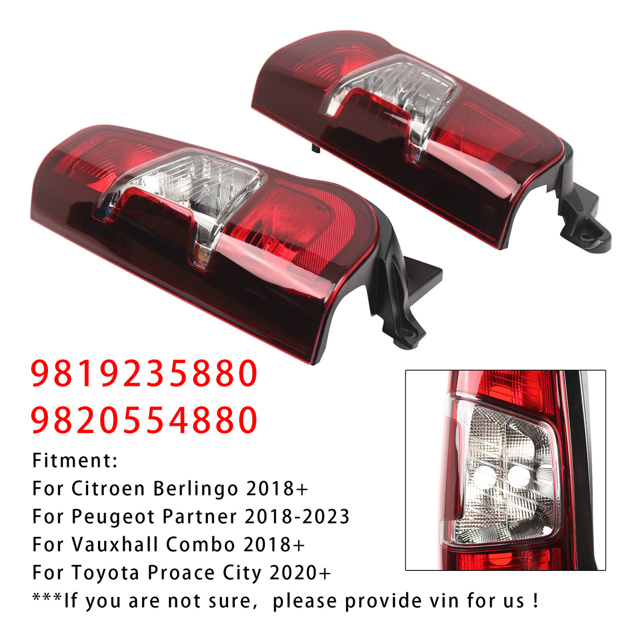 2020+ Toyota Proace City Left+Right Side Rear Tail Light Back Lamp 9819235880 9820554880 Generic