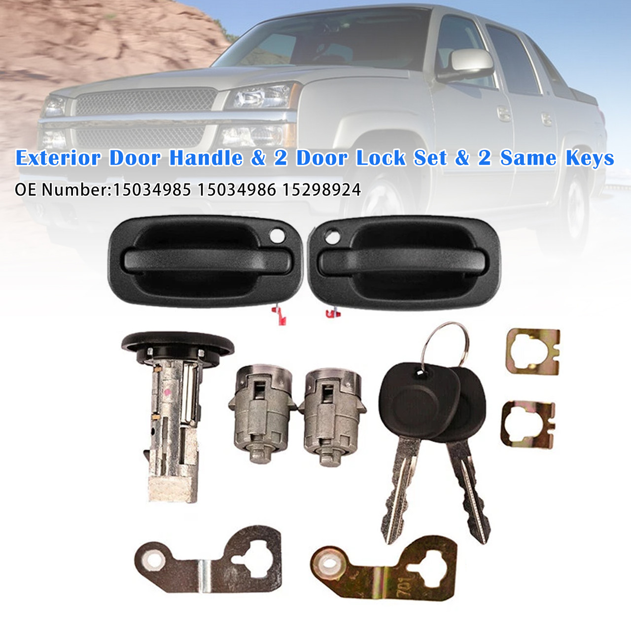2003-2006 Chevy Avalanche Silverado Suburban Tahoe Exterior Door Handle & 2 Door Lock Set & 2 SAME KEYS