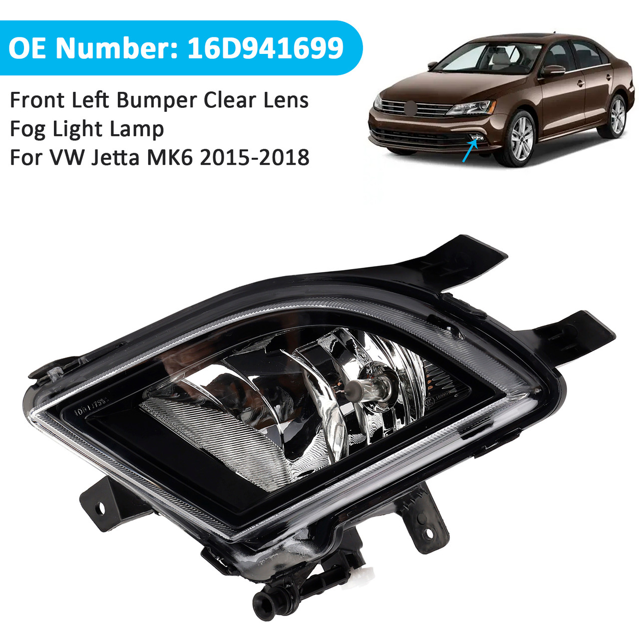 2015-2018 VW Jetta MK6 Front Left Bumper Clear Lens Fog Light Lamp 16D941699 Generic