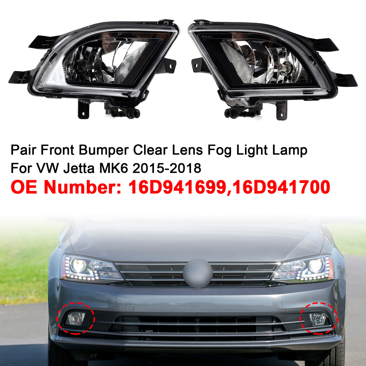 2015-2018 VW Jetta MK6 Pair Front Bumper Clear Lens Fog Light Lamp 16D941699,16D941700 Generic