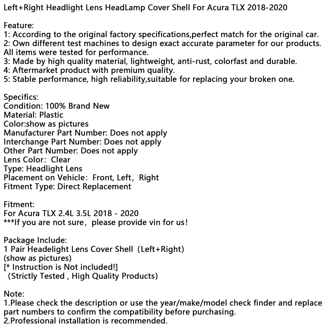 2018-2020 Acura TLX 2.4L 3.5L Left+Right Headlight Lens HeadLamp Cover Shell Clear Generic