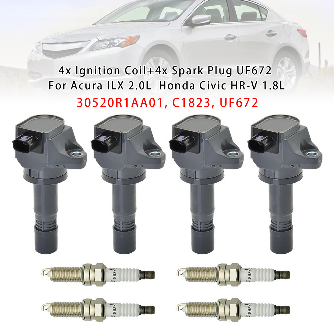 2013-2015 Acura ILX L4 2.0 4x Ignition Coil+4x Spark Plug UF672 Generic