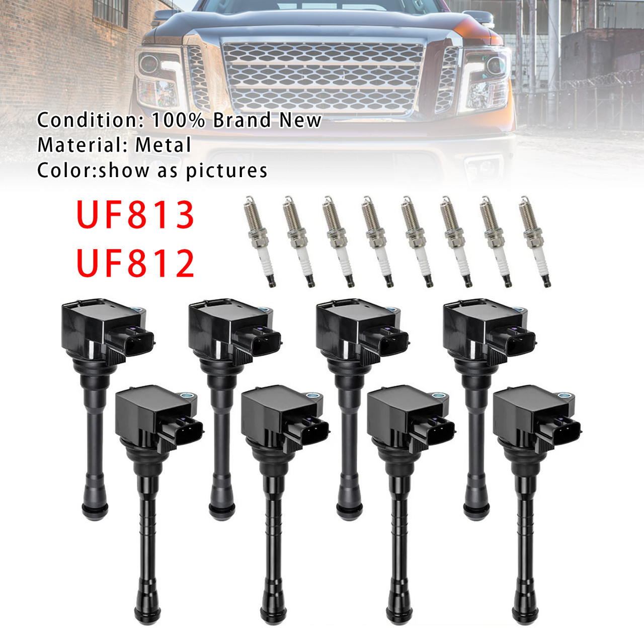 2017-2020 Nissan Titan 5.6L V8 8X Ignition Coil & Spark Plug UF812 UF813 Generic