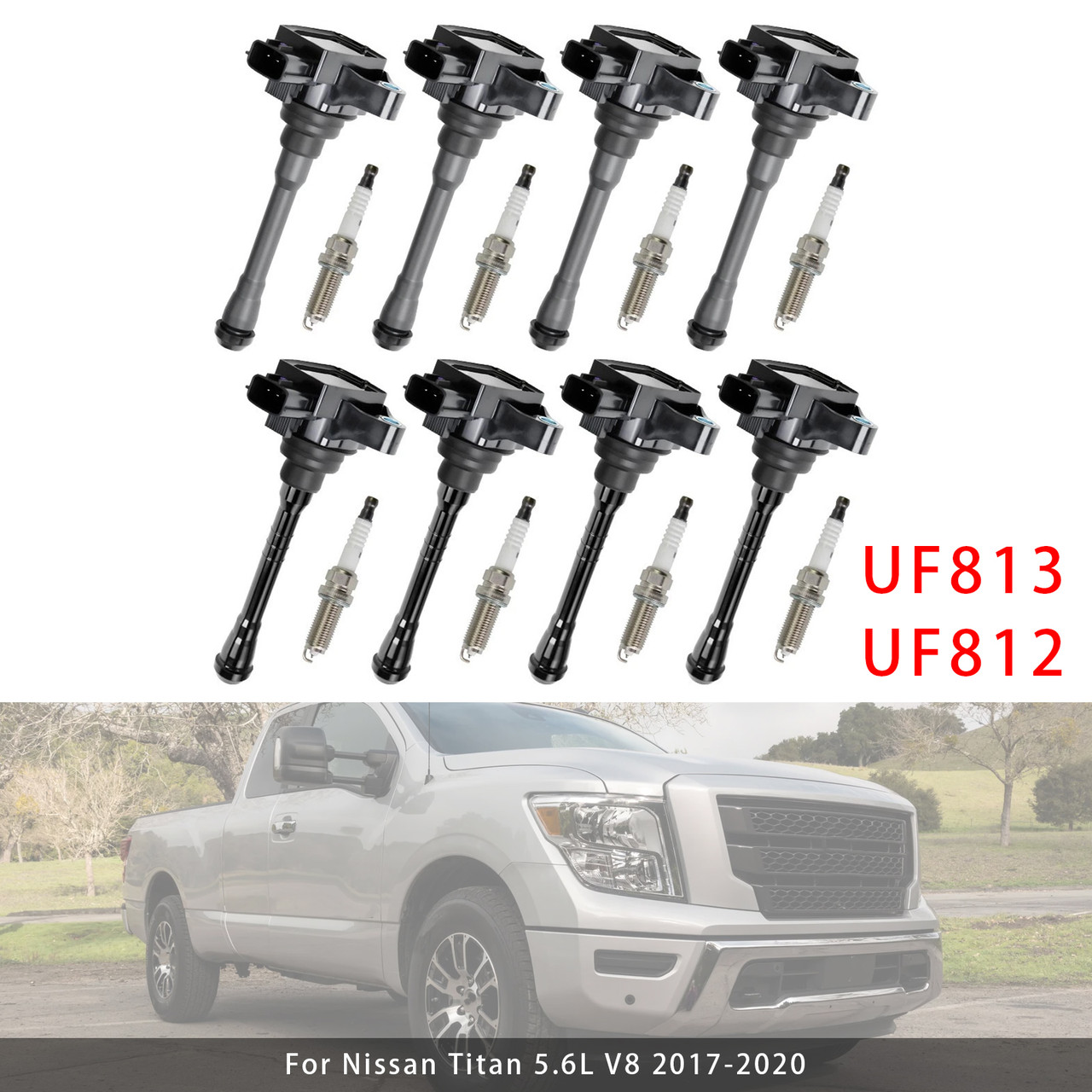 2017-2020 Nissan Titan 5.6L V8 8X Ignition Coil & Spark Plug UF812 UF813 Generic