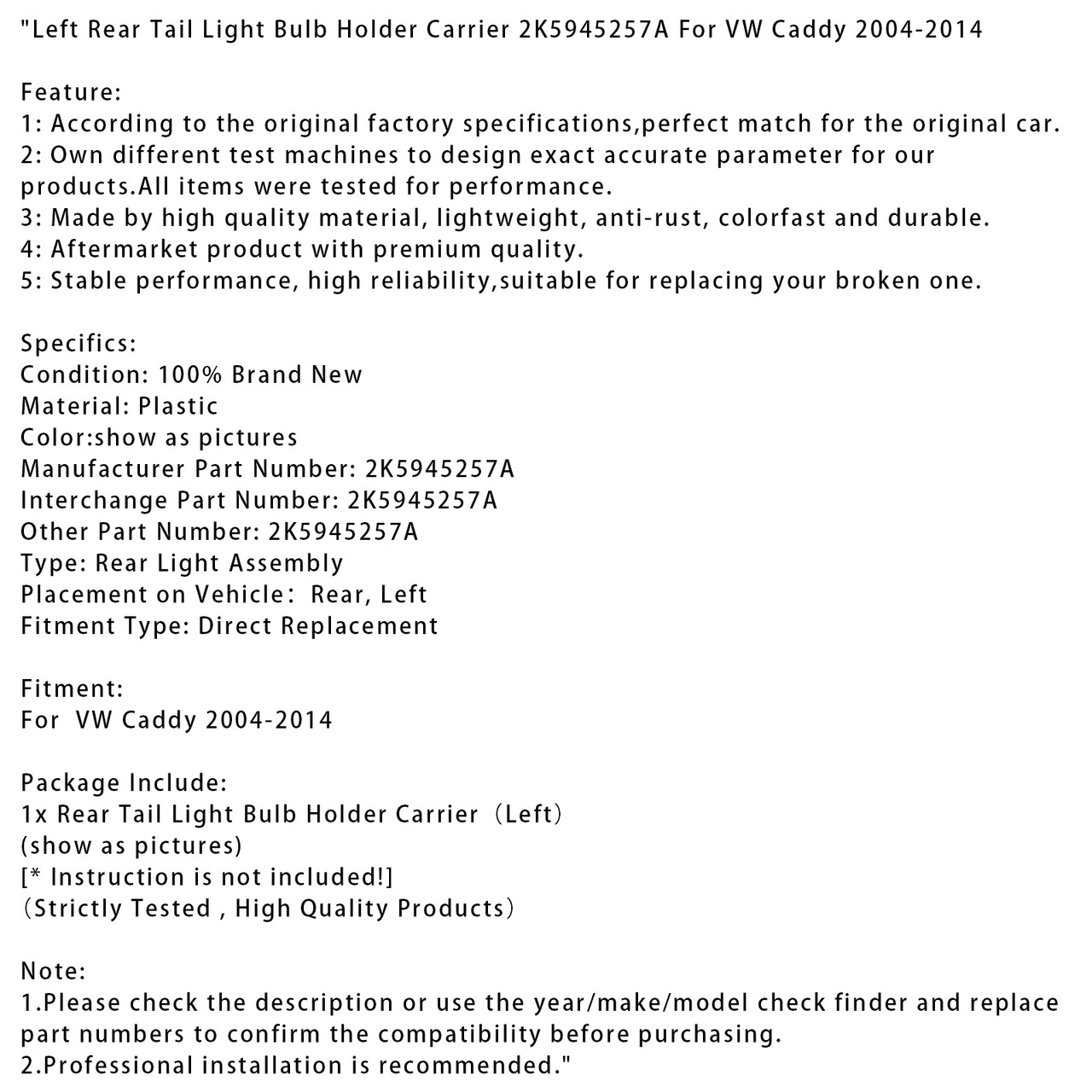 2004-2014 VW Caddy Left Rear Tail Light Bulb Holder Carrier 2K5945257A Generic