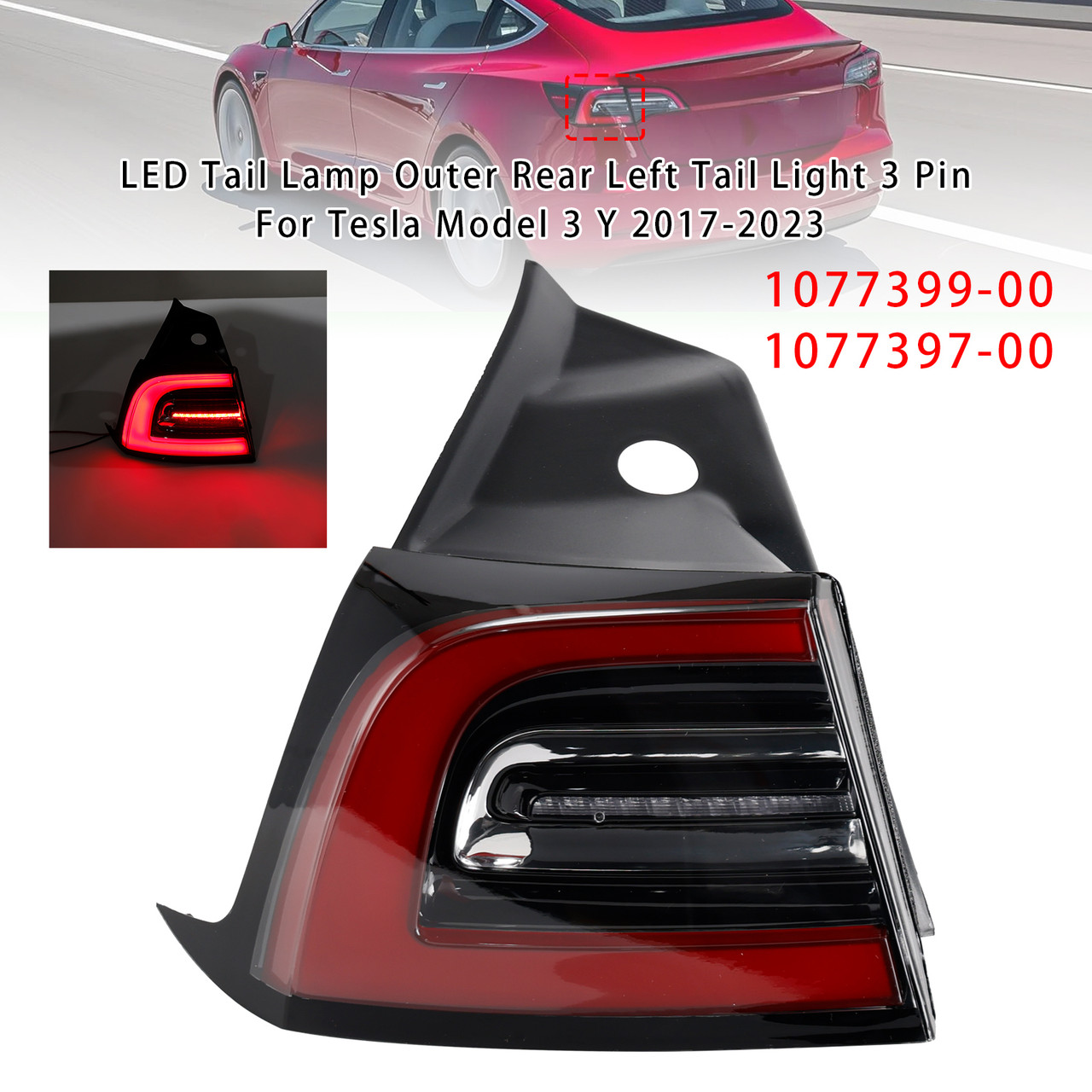 2020-2023 Tesla Model Y LED Tail Lamp Outer Rear Left Tail Light 3 Pin 1077399-00 Generic