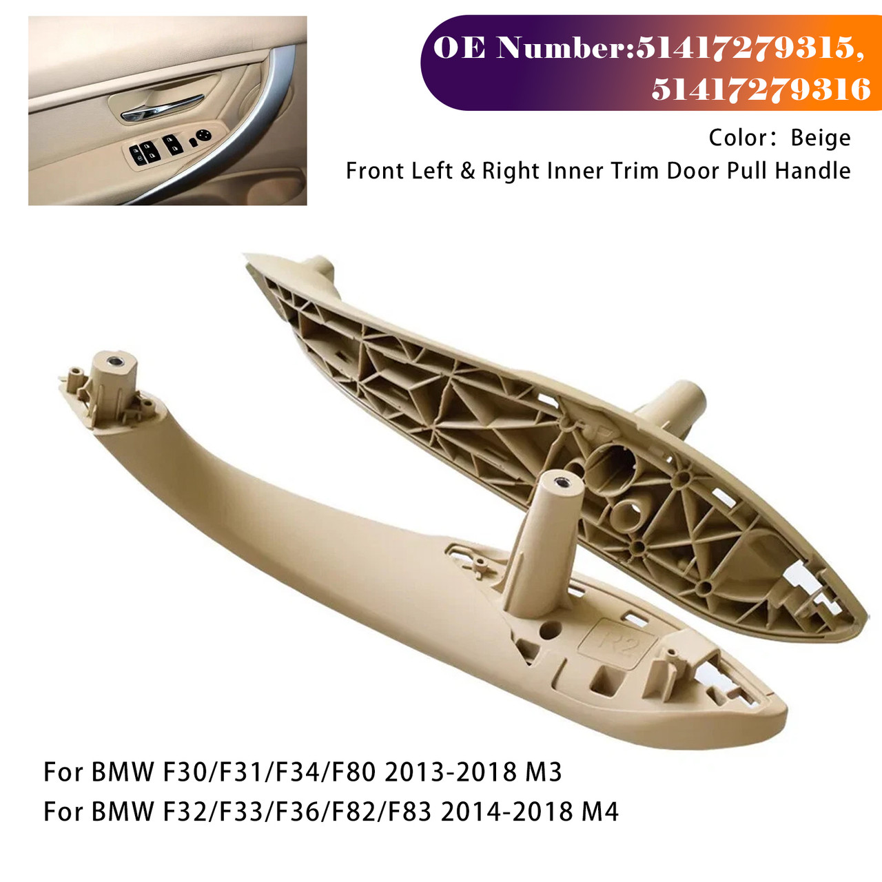 2013-2018 BMW F30/F31/F34/F80 Front Left & Right Inner Trim Door Pull Handle 51417279315 51417279316 Generic