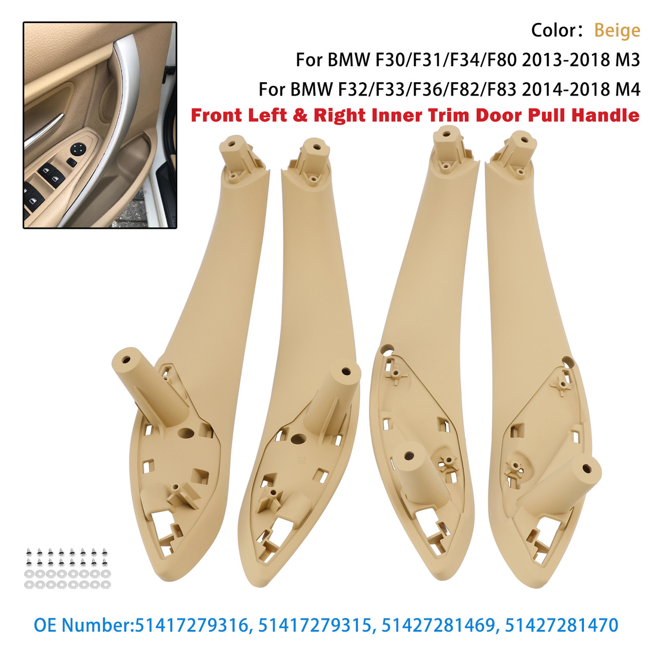 2013-2018 BMW F30/F31/F34/F80 4x Inner Front Trim Door-Pull Handle 51417279315 51417279316 Generic