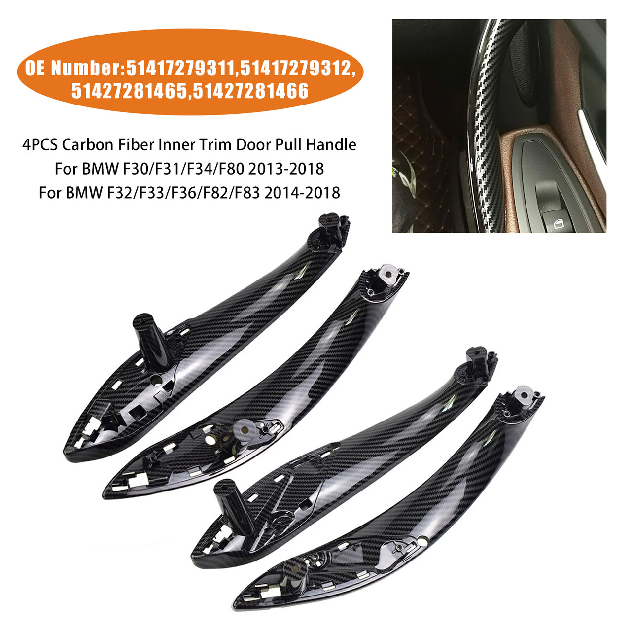 2012-2018 BMW 3 4  Series 4PCS Carbon Fiber Inner Trim Door Pull Handle Generic