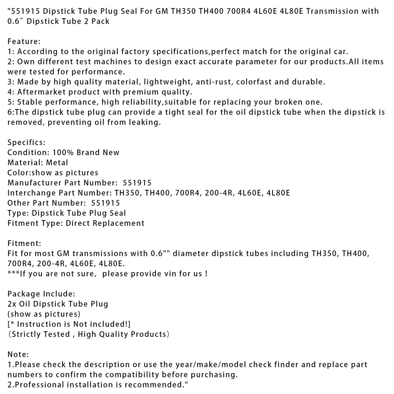 551915 Dipstick Tube Plug Seal For GM TH350 TH400 700R4 4L60E 4L80E Transmission with 0.6” Dipstick Tube 2 Pack