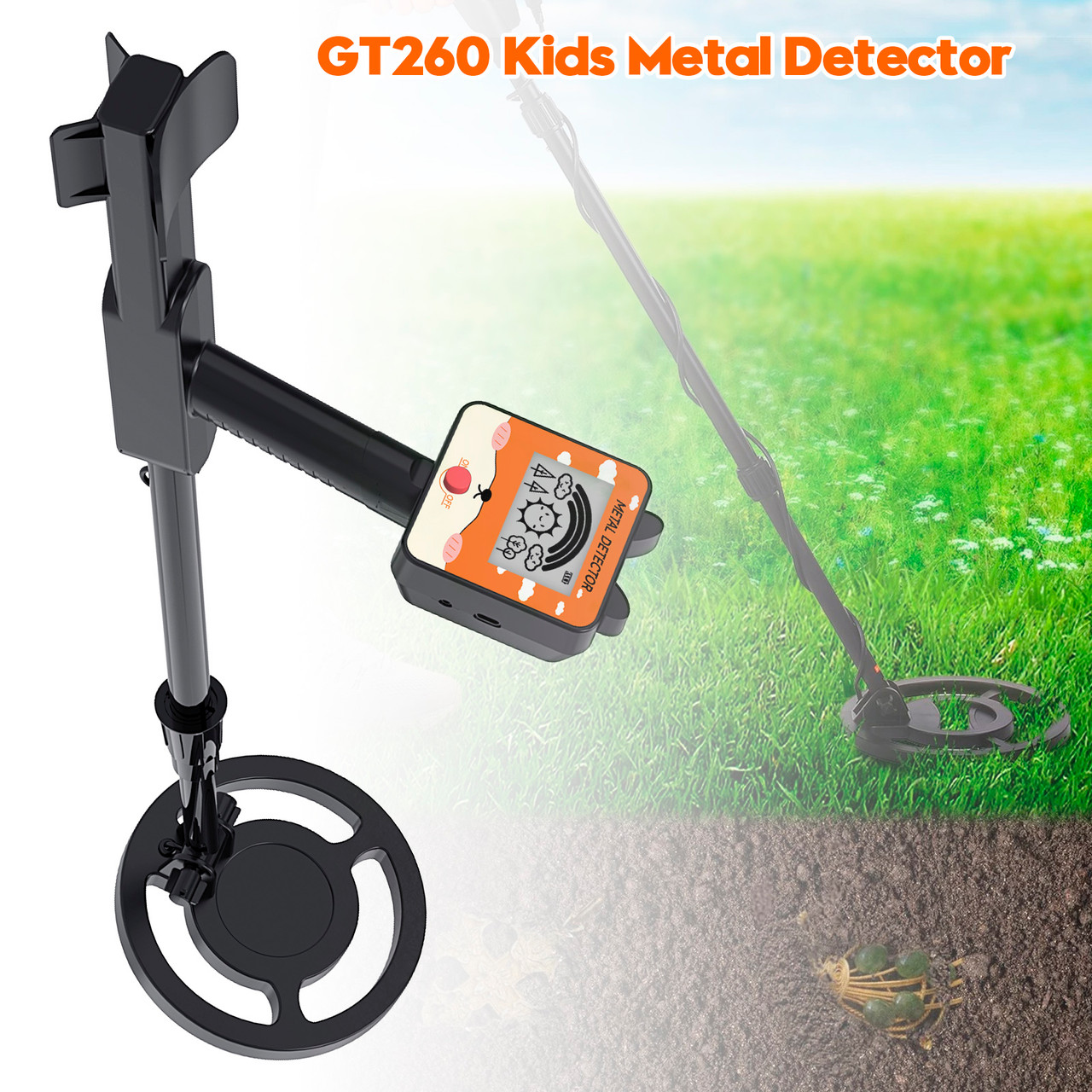 GT260 Kids Child Trasure Seeker Beginners Metal Detector Waterproof Coil Black
