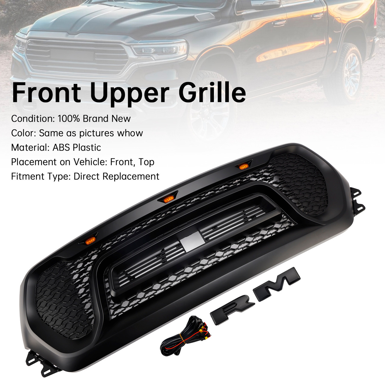 2019-2024 Dodge Ram 1500 Front Honeycomb Upper Hood Grille Black Generic