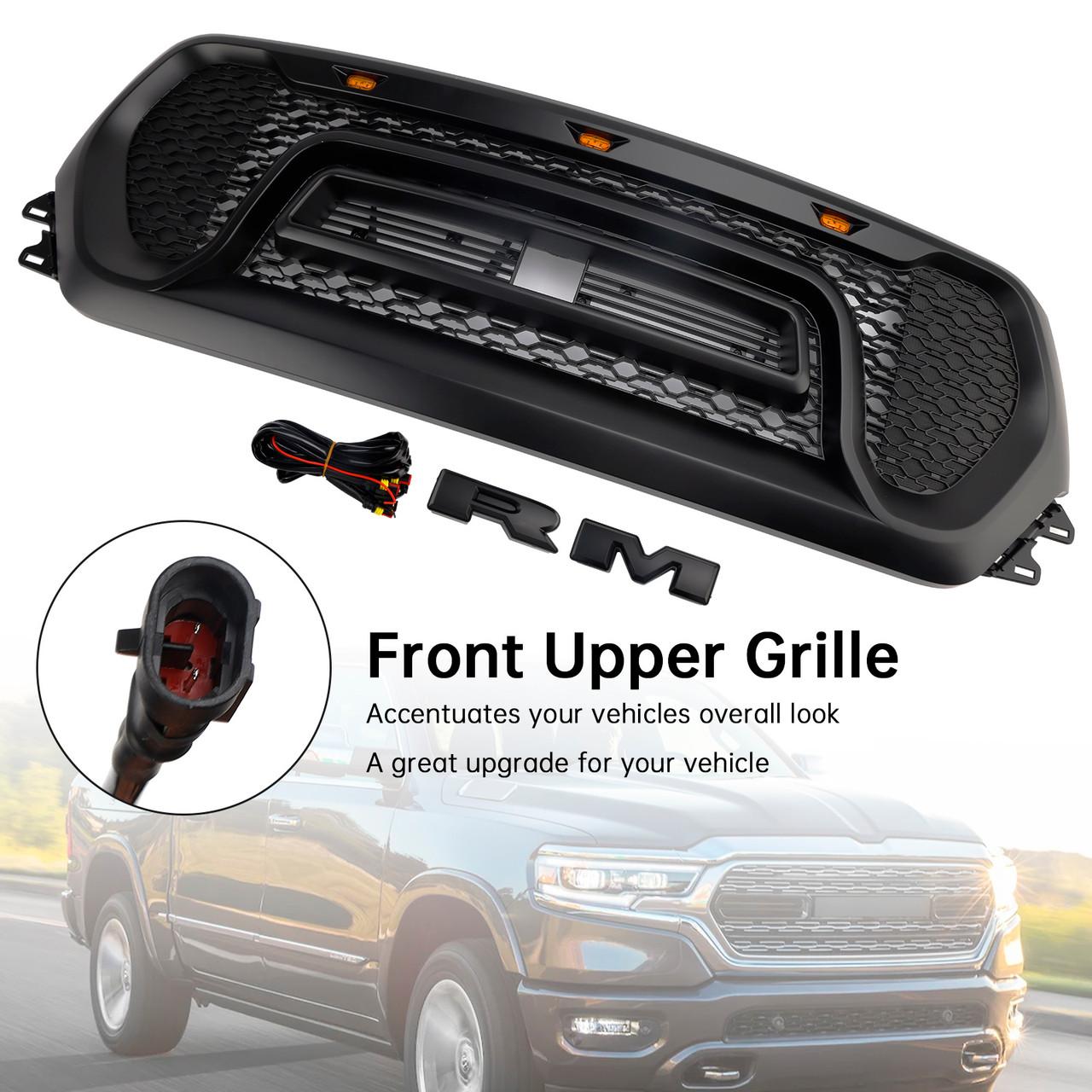 2019-2024 Dodge Ram 1500 Front Honeycomb Upper Hood Grille Black Generic