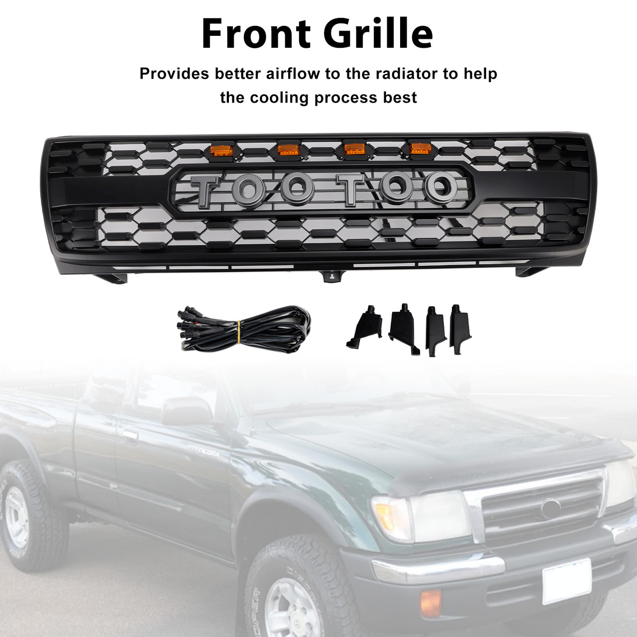 1997-2000 Toyota Tacoma Honeycomb Front Bumper Grille With LED Light Black Generic
