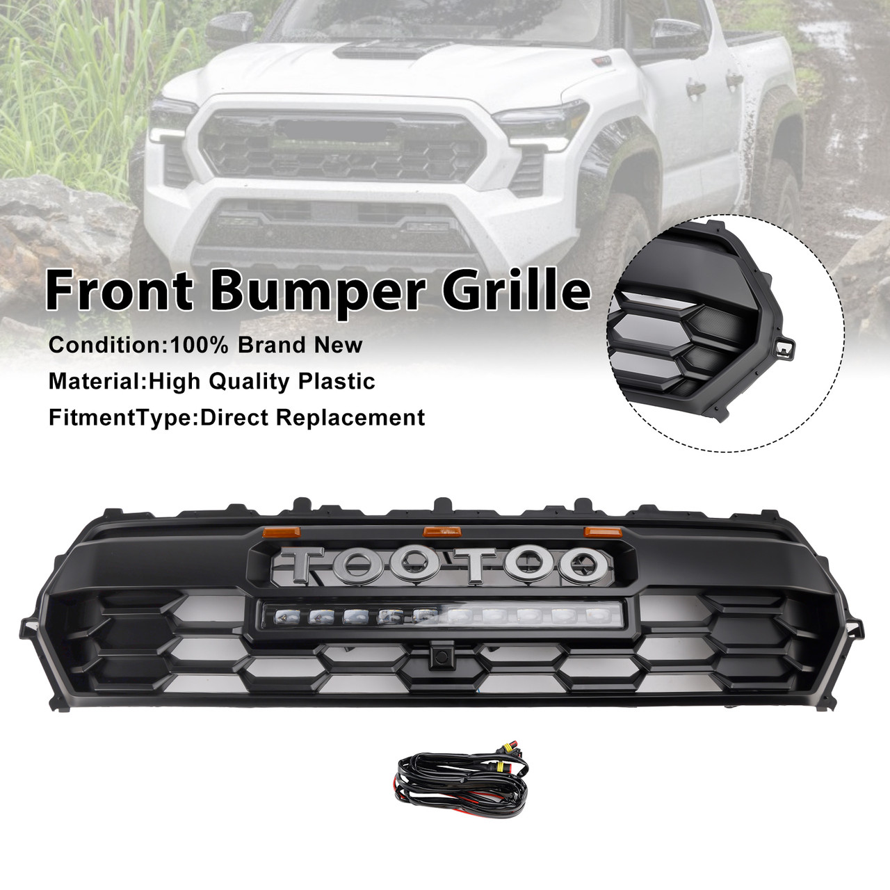 2024+ Toyota Tacoma Front Bumper Grille With Led & Light Bar Black Generic